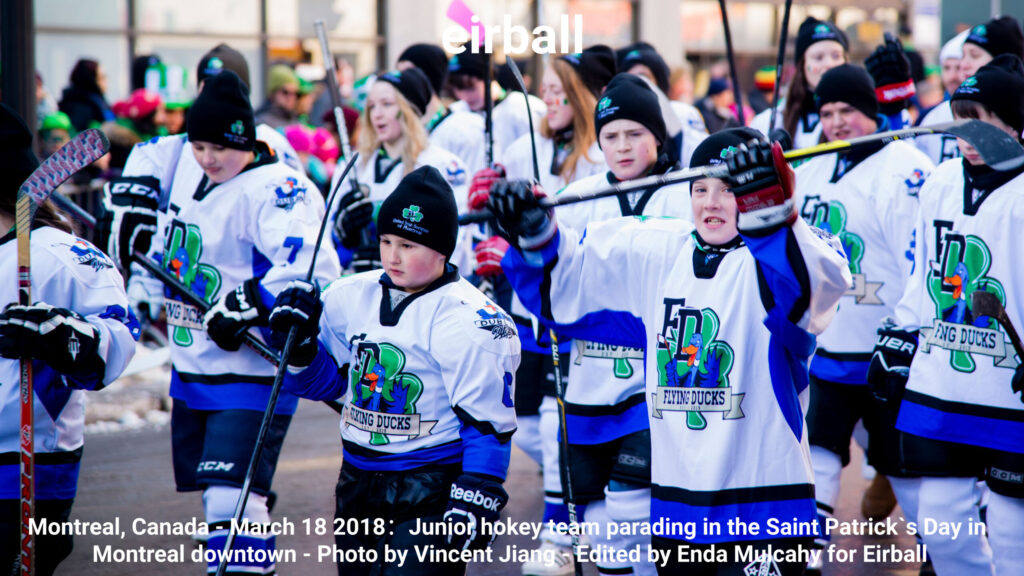 Montreal, Canada - March 18 2018：Junior hokey team parading in the Saint Patrick`s Day in Montreal downtown