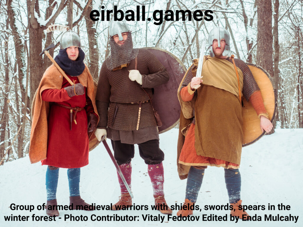 armed medieval warriors with shields, swords, spears in the winter forest