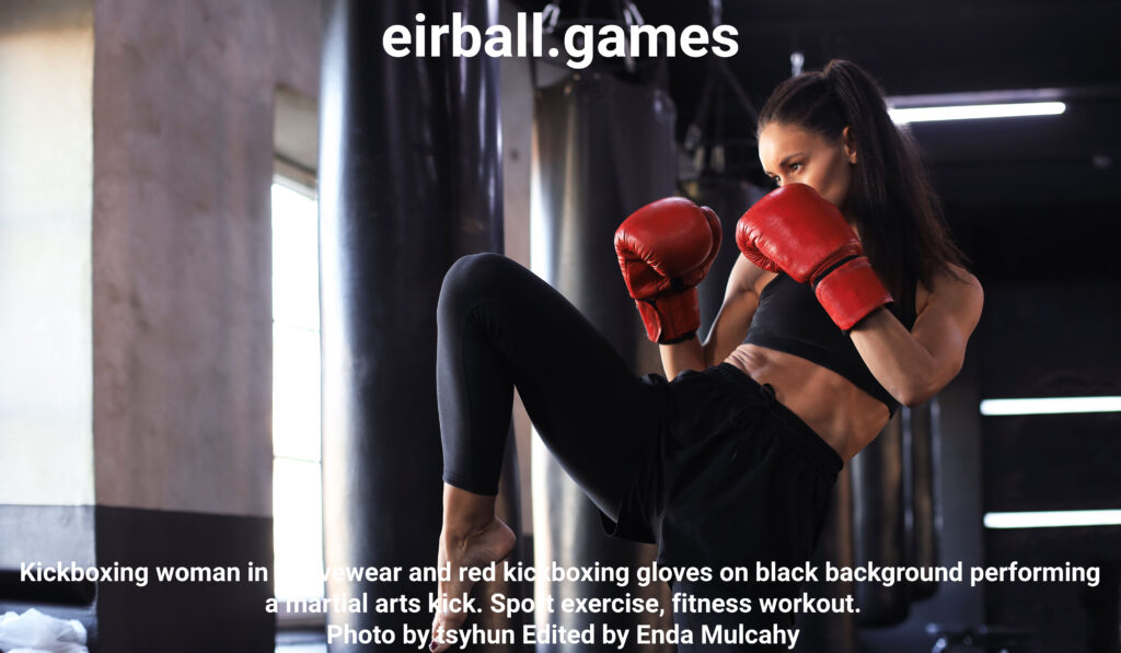 Kickboxing woman in activewear and red kickboxing gloves on black background performing a martial arts kick. Sport exercise, fitness workout.
Photo by tsyhun Edited by Enda Mulcahy